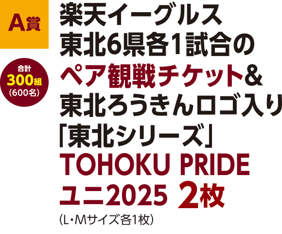 【A賞】楽天イーグルス東北6県各1試合の観戦ペアチケット&東北ろうきんロゴ入り「東北シリーズ」TOHOKU PRIDEユニ2025 2枚（L-Mサイズ各1枚）合計300組（600名）